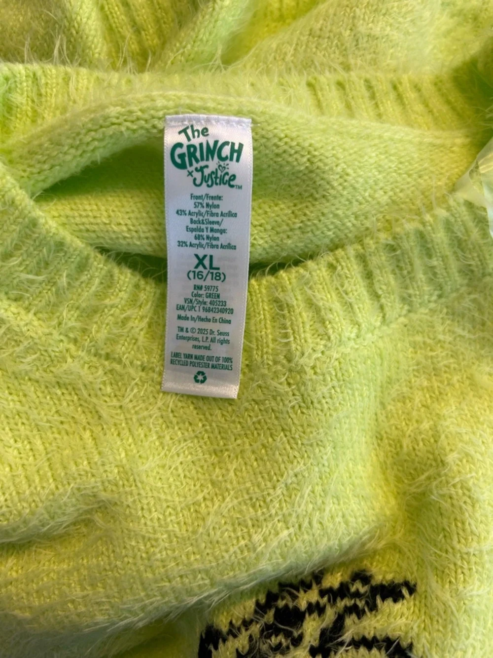 *NWOT* Justice x Grinch Collab Girls Green Holiday Sweater, Size XL (16/18)